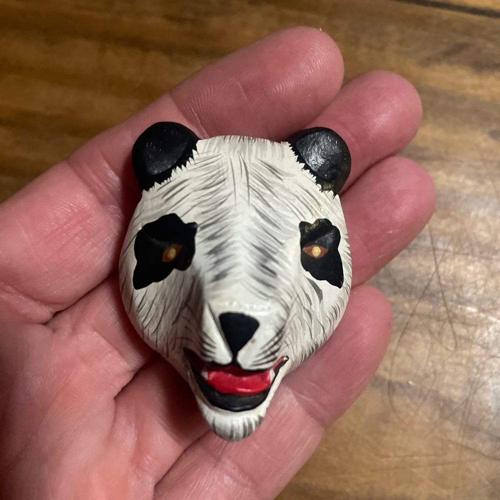Vintage Wooden Panda Face Handcrafted Brooch Pin Handpainted